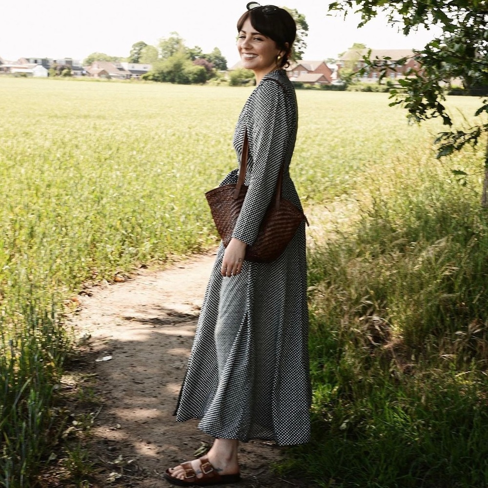 H&M Polka dot maxi dress in natural fabric.